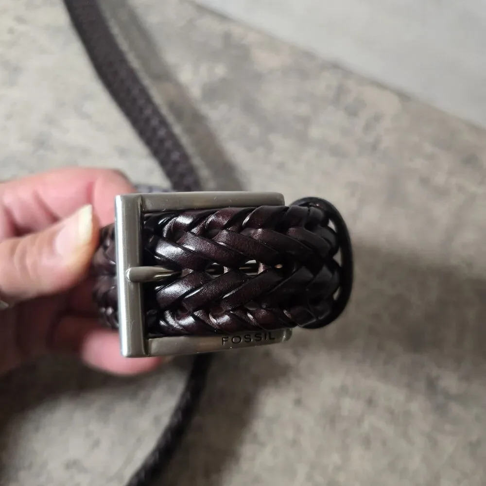 Fossil Brown Leather Braided Belt Mens Sz 44 Square Silver Buckle Woven Dark